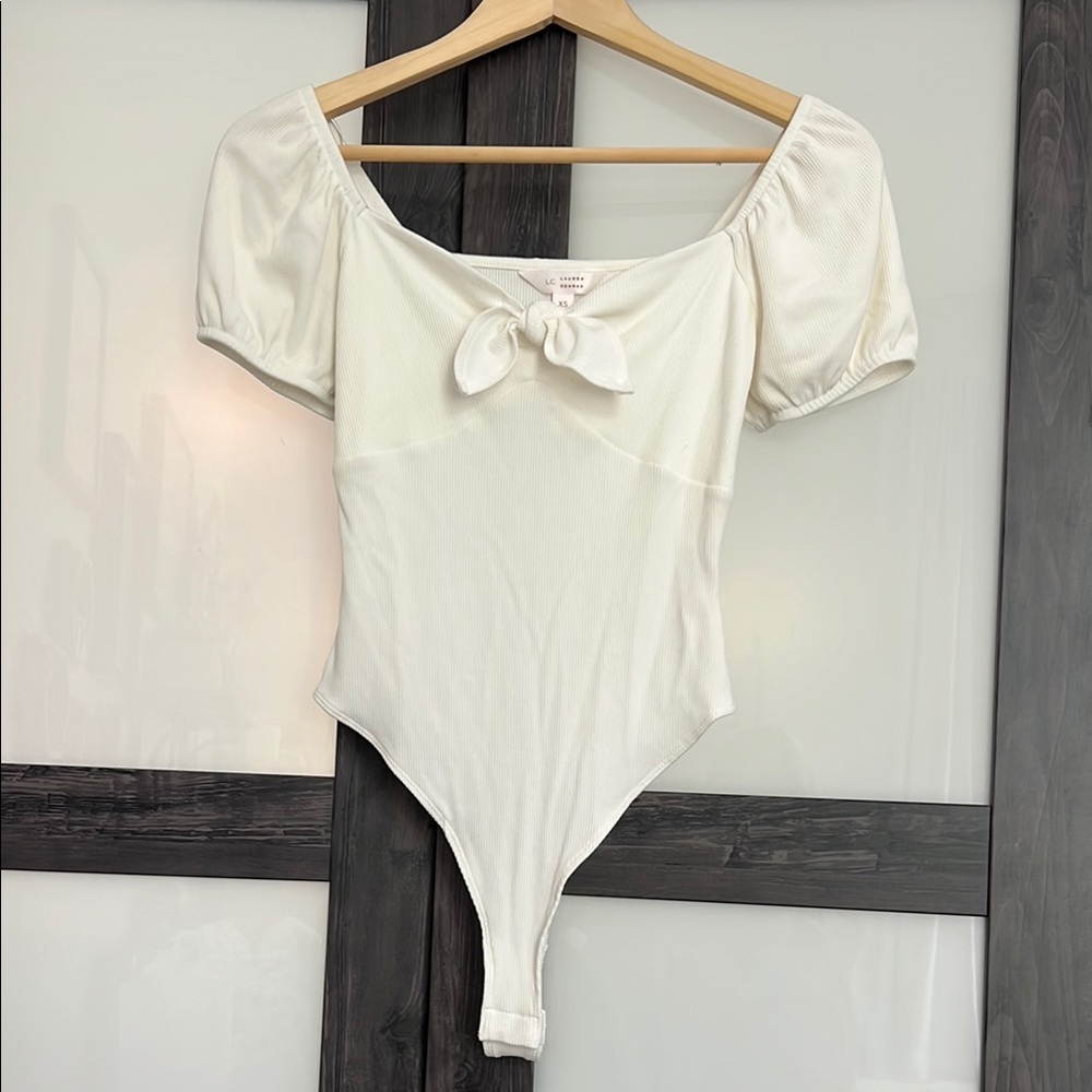 Lauren Conrad White Puff Sleeve Ribbed Bodysuit NWOT